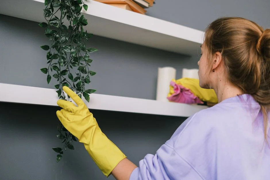 A man is cleaning an outdoor glass barrier with a squeegee, surrounded by greenery.